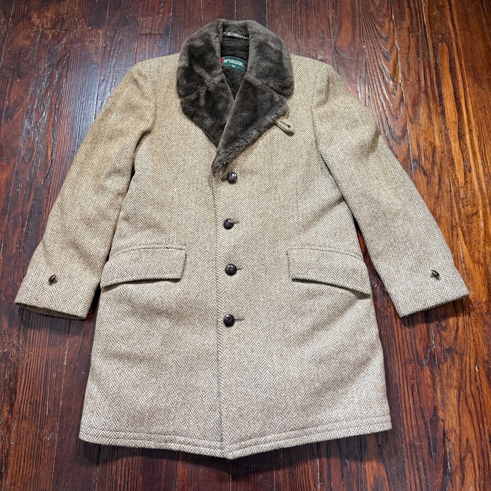 McGregor Overcoat Mens 38 Brown Herringbone Wool Sherpa Lined Vintage Jacket